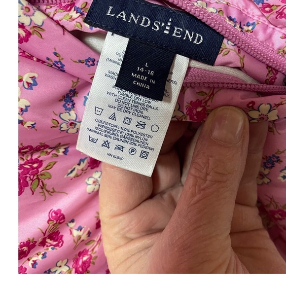 Lands End Women Pink Floral Puffer Jacket Hooded Down Fill Size L 14-16 - Picture 7 of 8